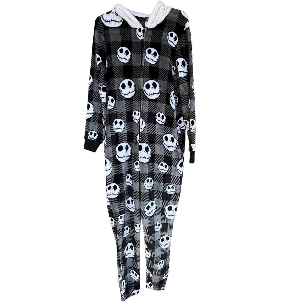 Disney Jack Skellington One-piece Kid Medium 8-10 Black Plaid Fleece Hooded Soft